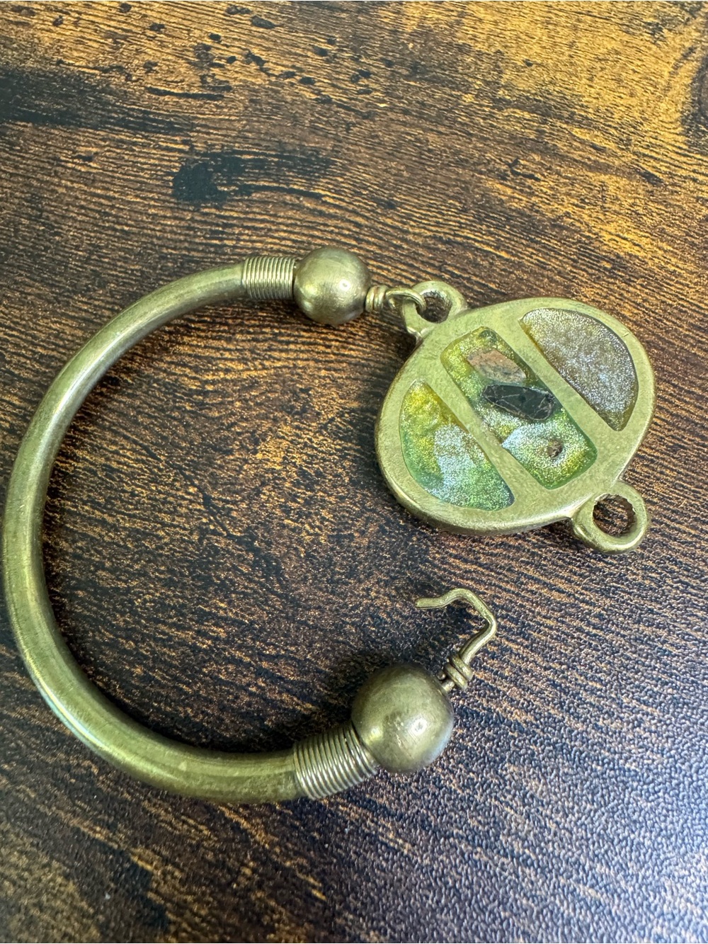 Hand Crafted Brass Bracelet with Green and Gold Inlay - Modernist - Picture 4 of 10